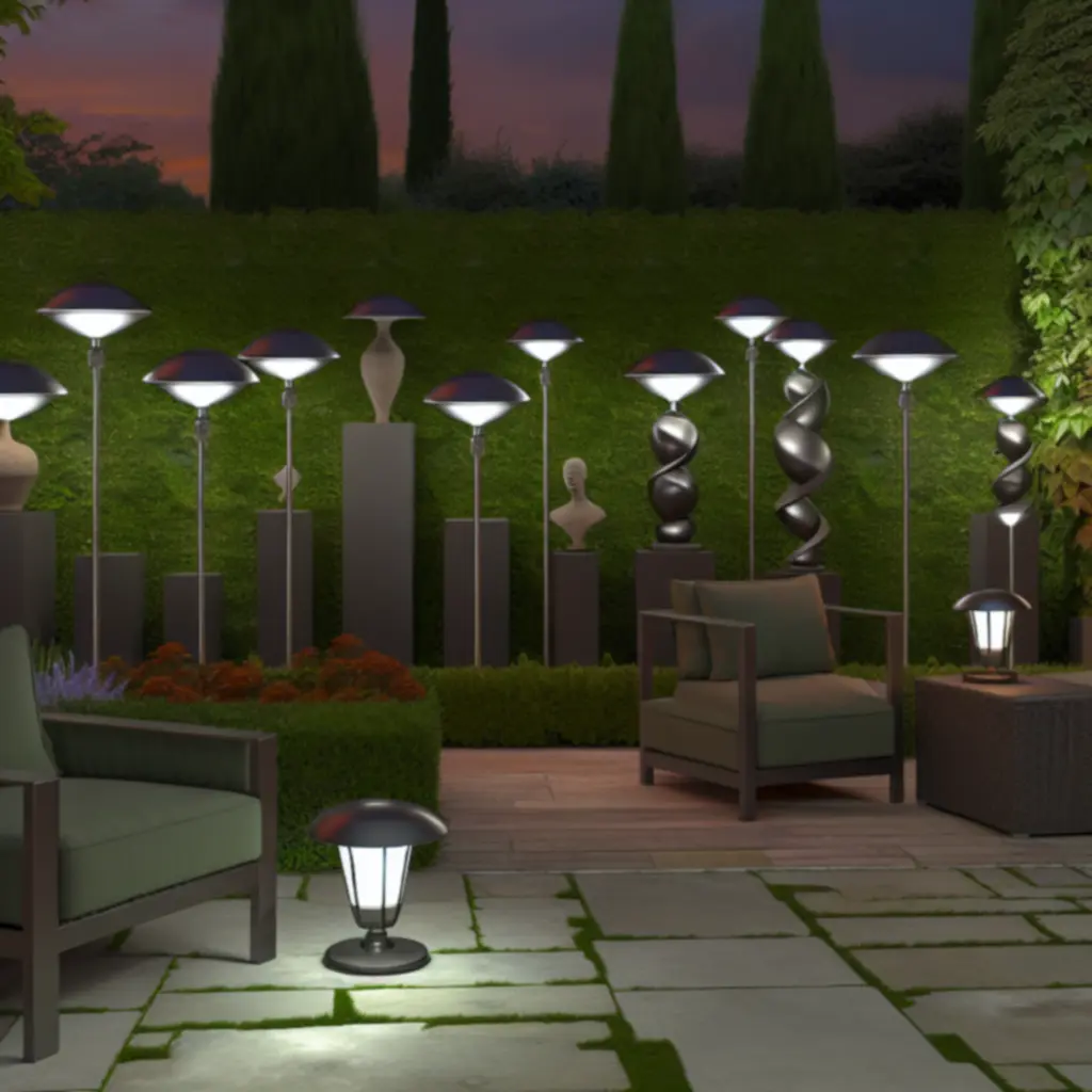 Kolaż zdjęć prezentujący lampy solarne, rzeźby ogrodowe i meble zewnętrzne