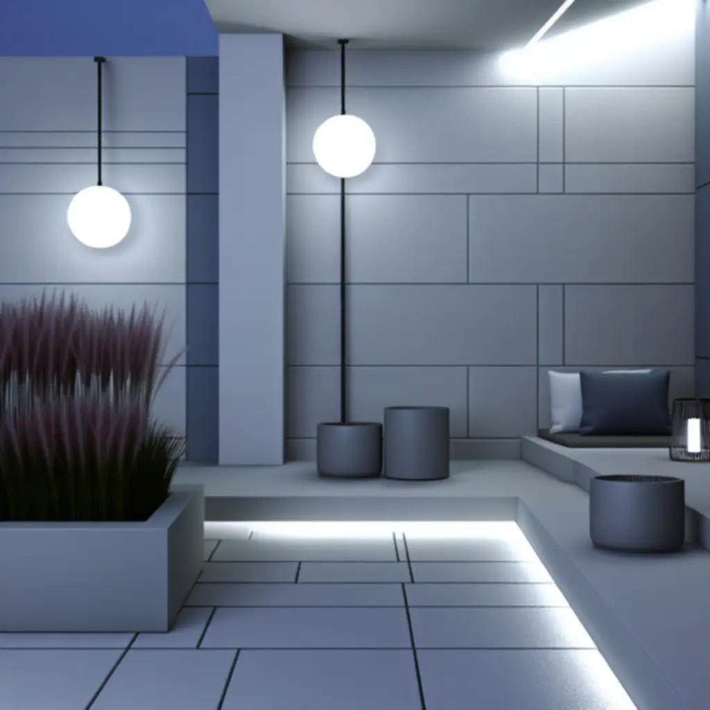 Minimalistyczne patio z designerskimi oprawami