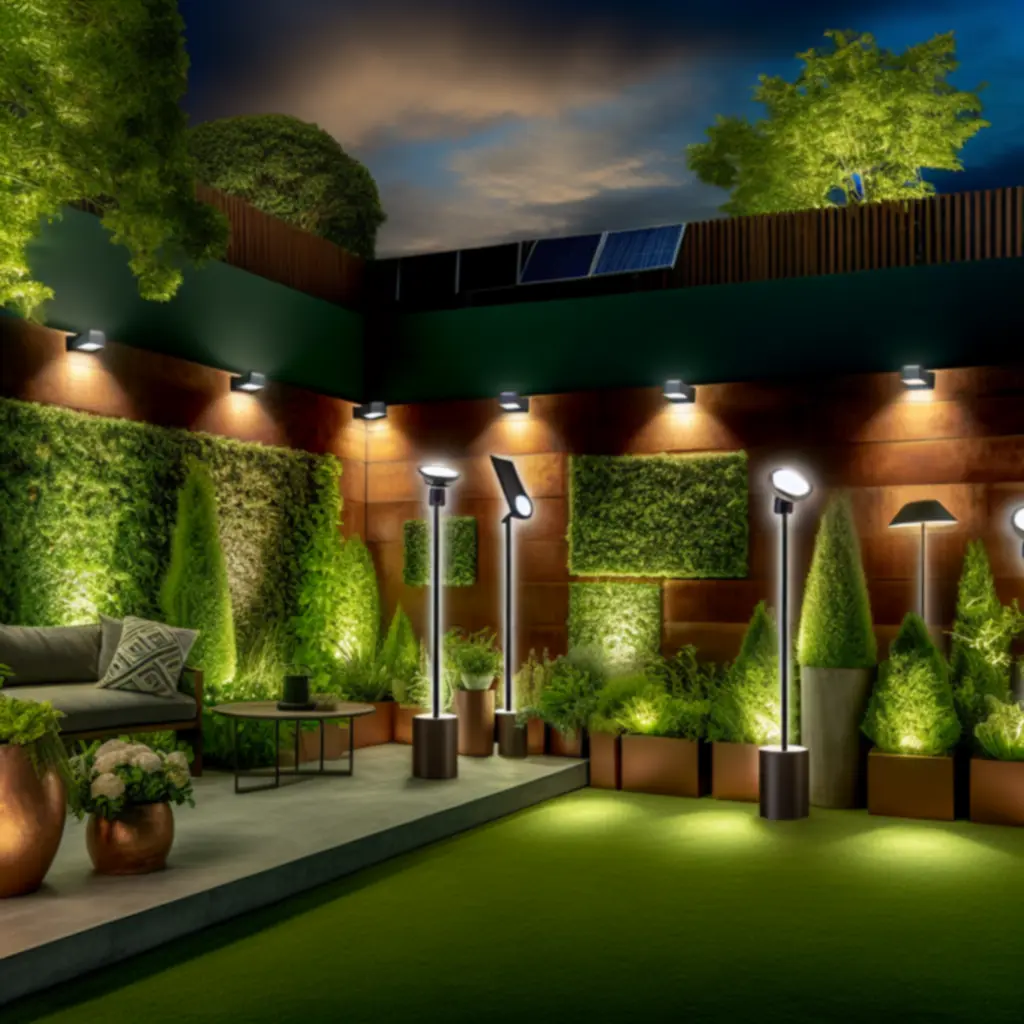 Różne typy nowoczesnych lamp ogrodowych ustawione w zielonej aranżacji
