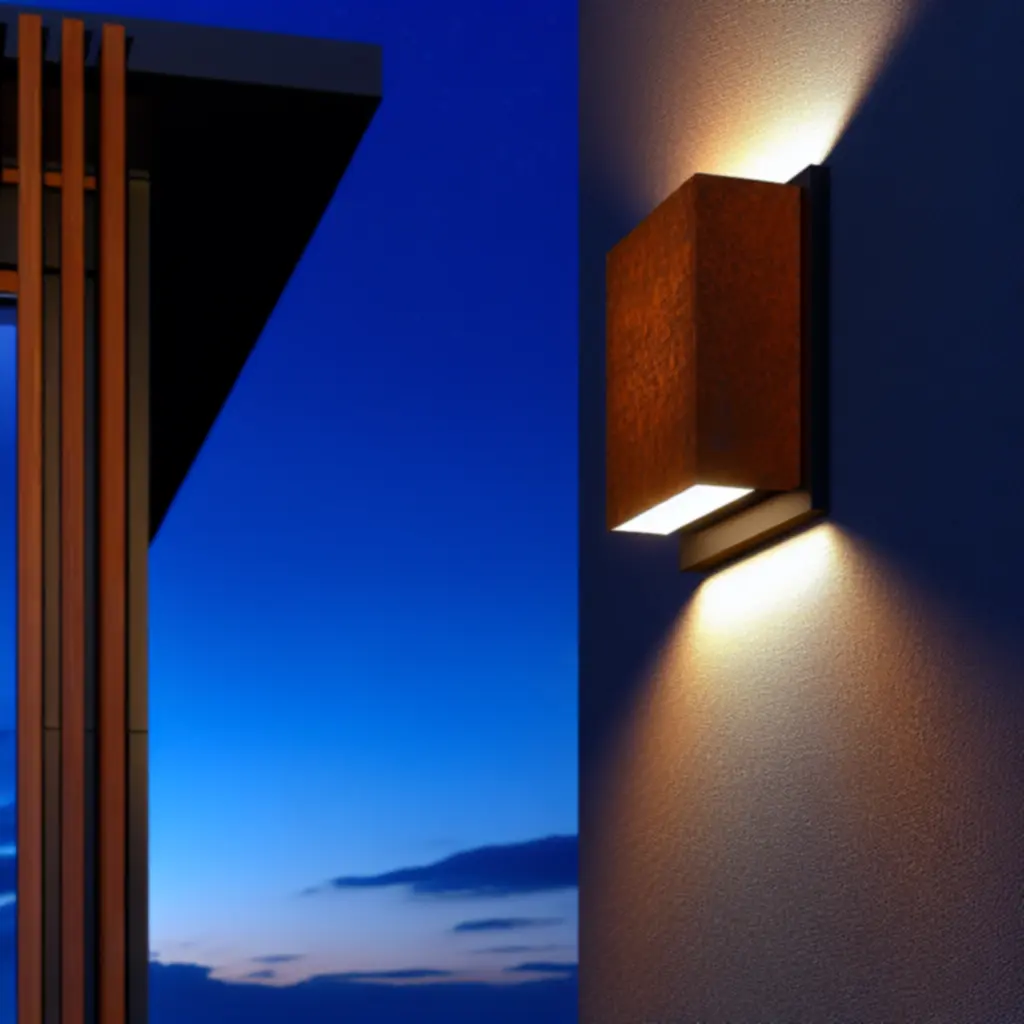 Kinkiet zewnętrzny Cortena z wykończeniem corten na elewacji